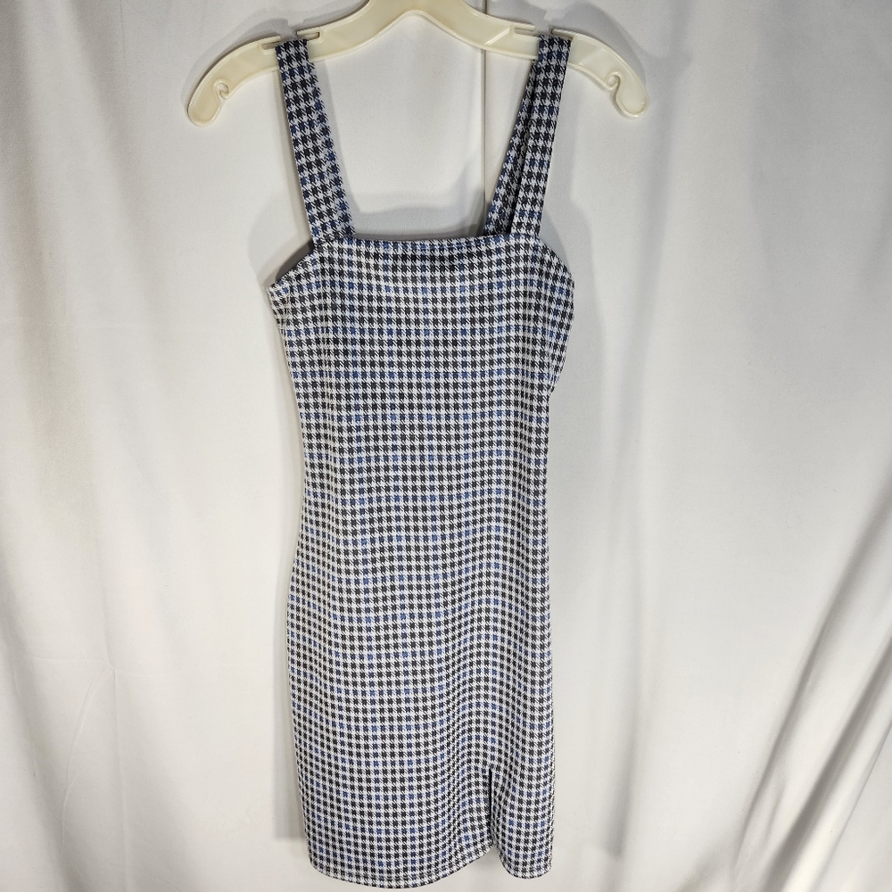 Just Polly New York Grey Blue White Houndstooth Pattern Sleeveless Dress XSmall